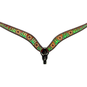 Bar H Equine Horse Genuine Leather Floral Cactus Hand Painted Breast Collar ,Headstall Brown